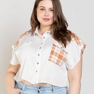 NWT POL Belle Cropped Orange Flannel Pocket Boxy Button Up